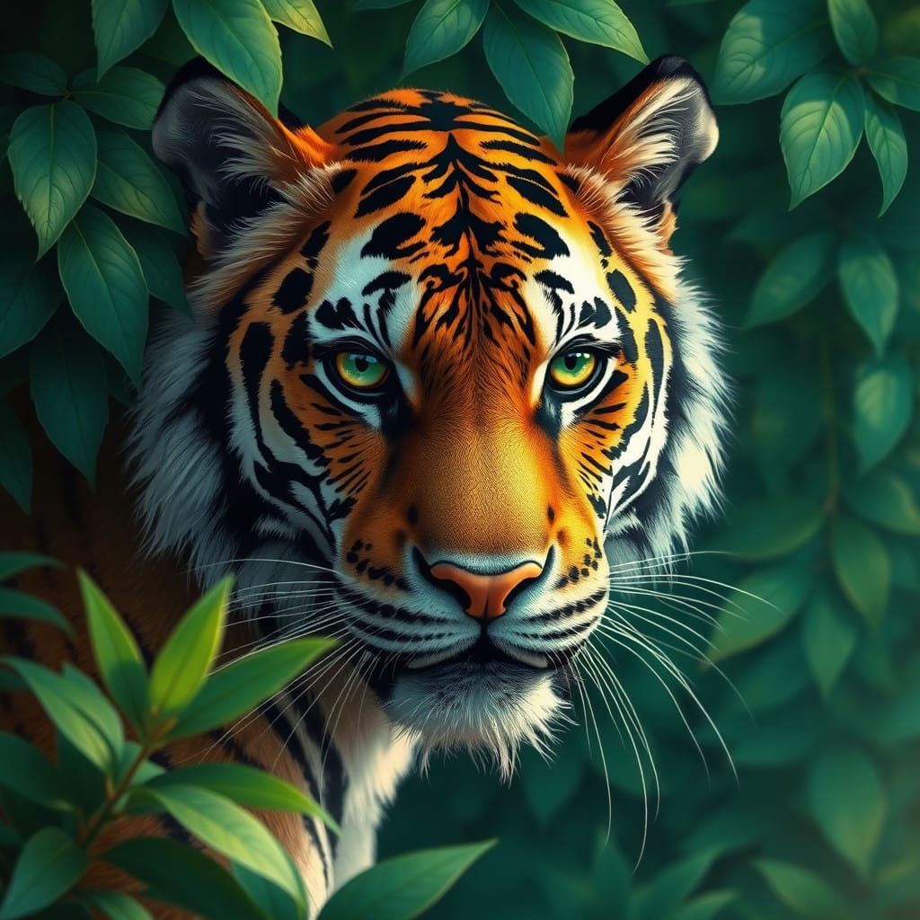 Dans la jungle Birmane , entre les feuilles on peut voir un magnifique tigre   by @Domy