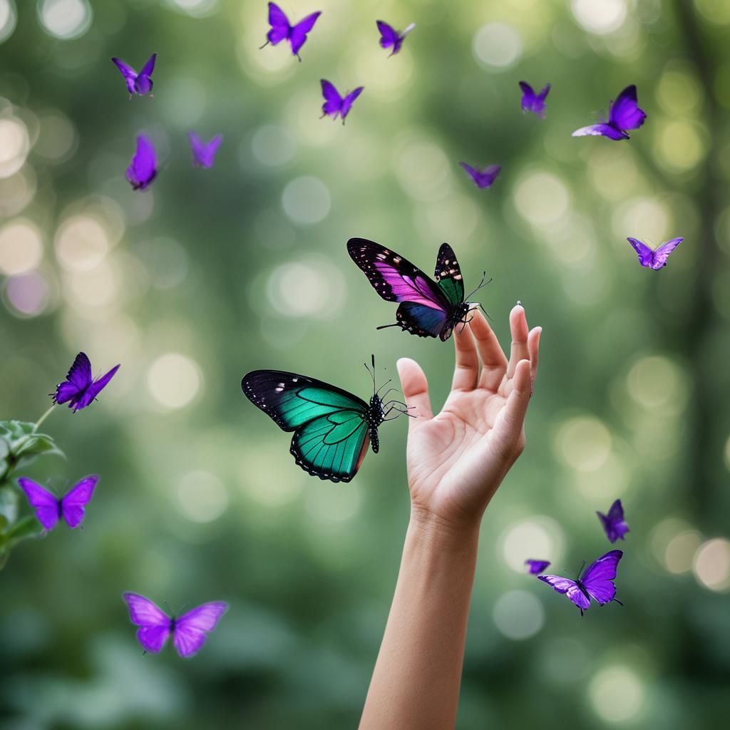 A blurred hand reaching upwards for a beautiful butterfly re...