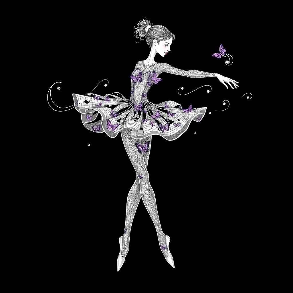 A stunning ballerina crafted from intricate musical notes, s...