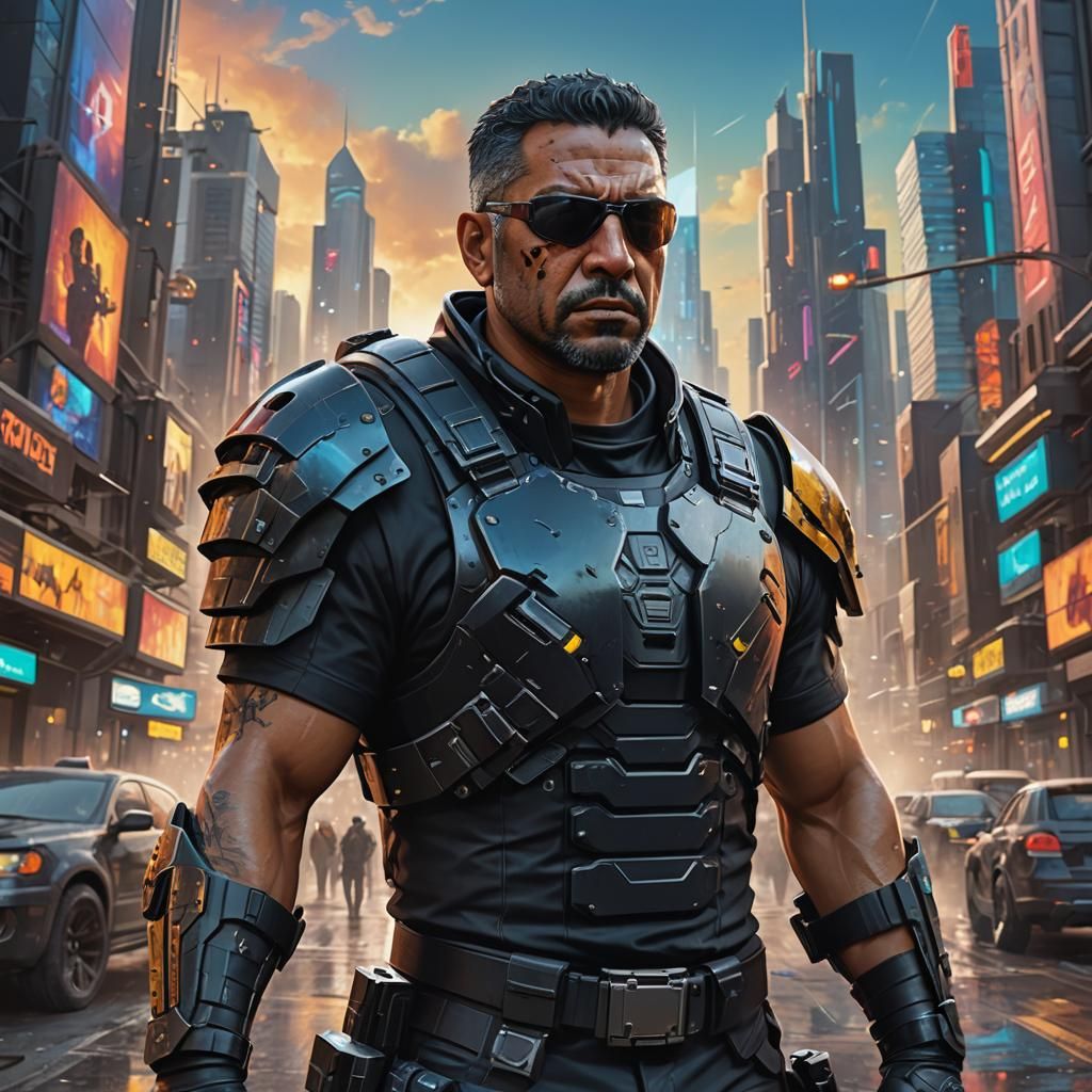 Middle aged Male Latino bounty hunter wearing simple black c...