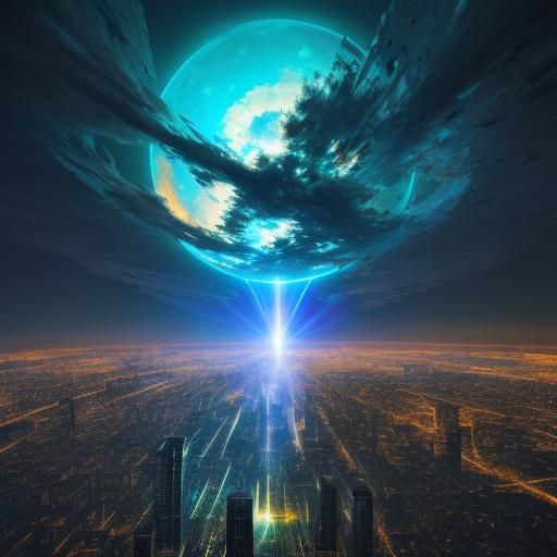 An abstract piece where light creates an otherworldly city.