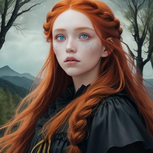 witch (full face) raiding tornado,sparkling eyes, long ginge...