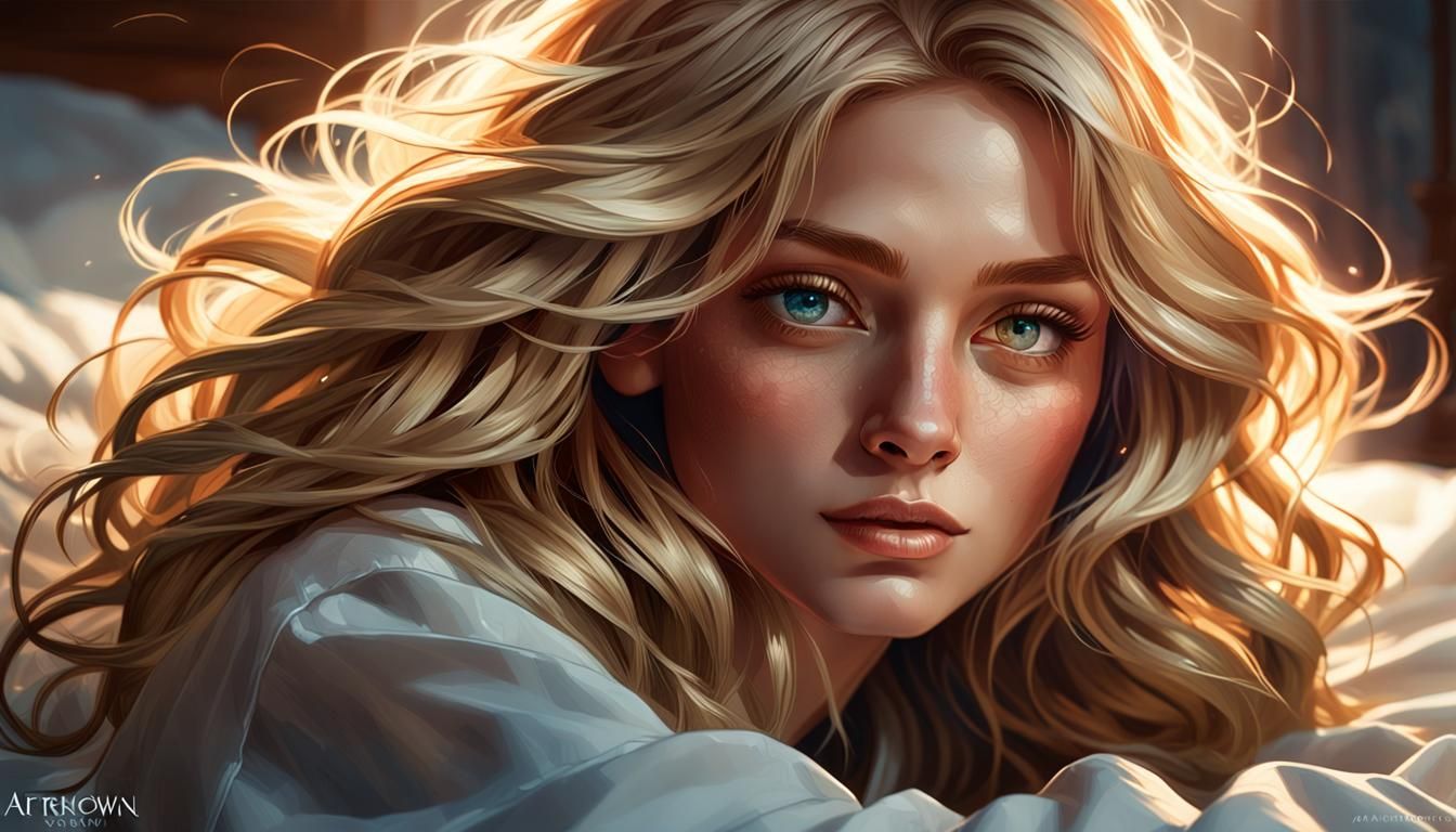 Klara, top model, wavy blond hair, bed, beautiful lighting, ...