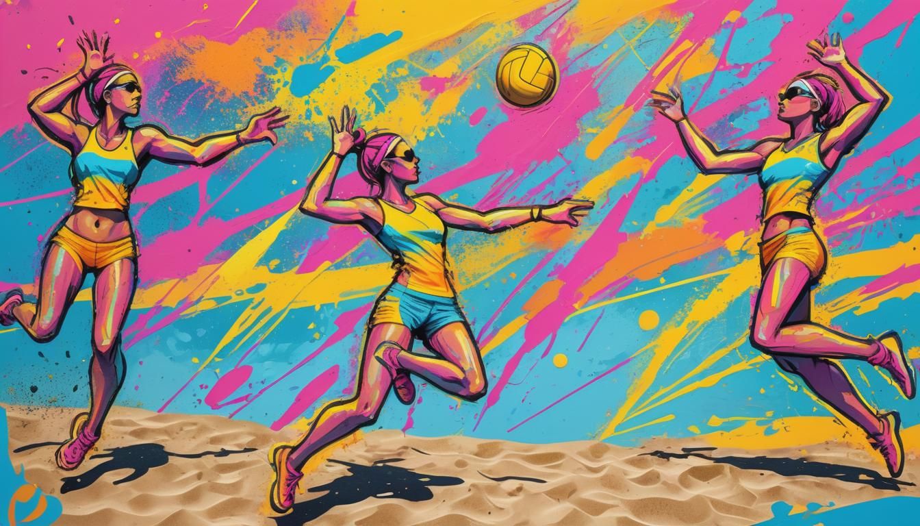 The girls are playing beach volleyball. Dynamic line drawing. The style of a color detailed sketch on a white background. abstract art compl...
