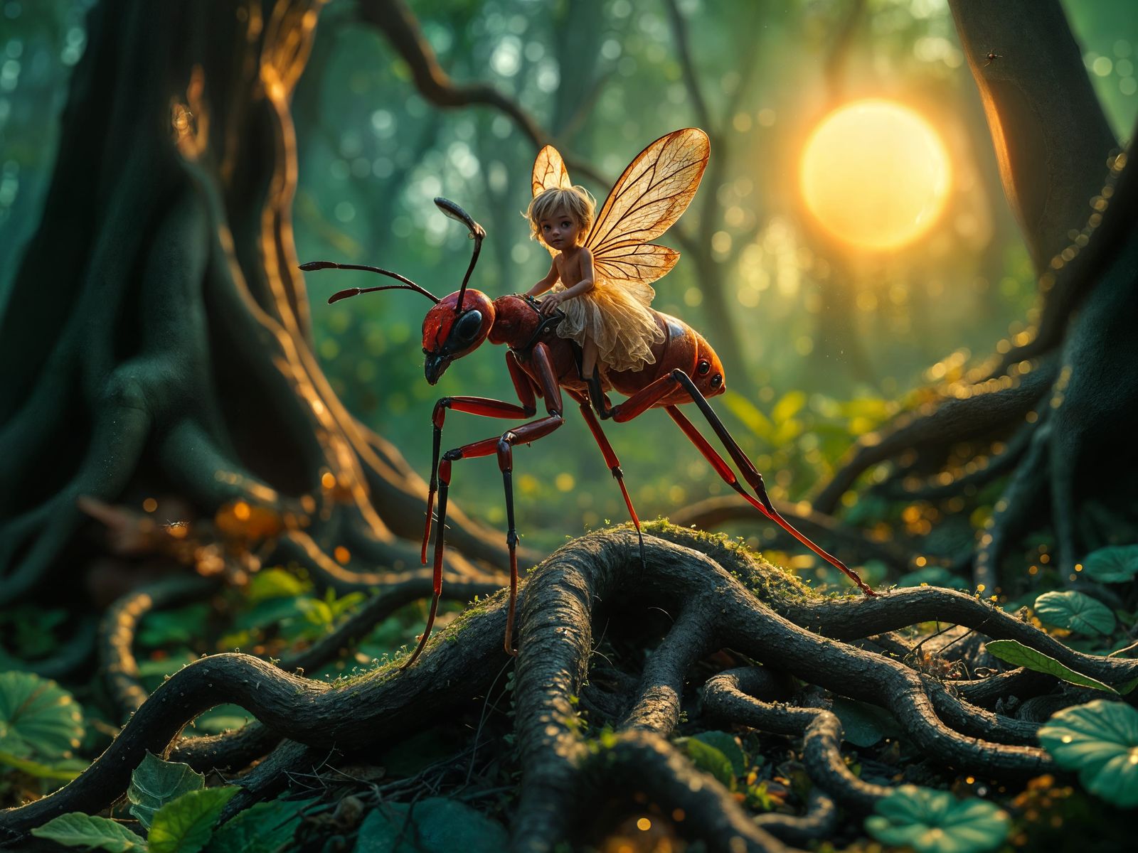 A macroscopic view of a fairy riding a "red bull ant" across a magical forest's floor.

Magic, magical, ...  by @Taoxas