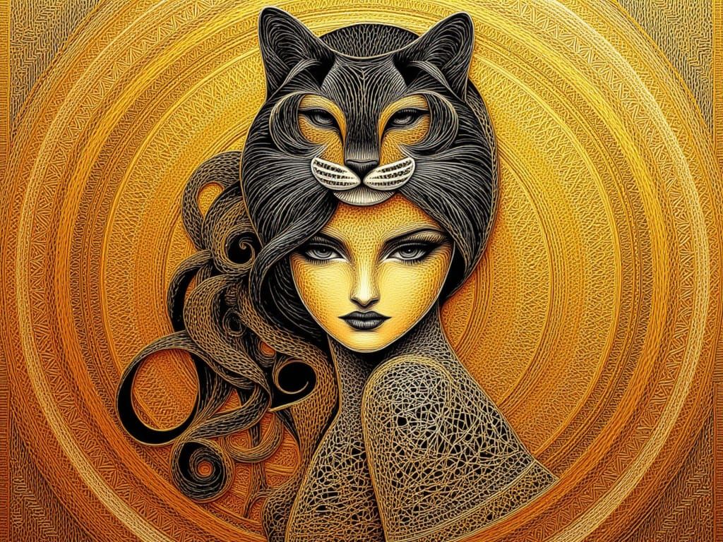 <lora:Fine line string:1.0> <lora:Felicitation:1.0> fine line string art, jungle tiger, yellow, orange black hues