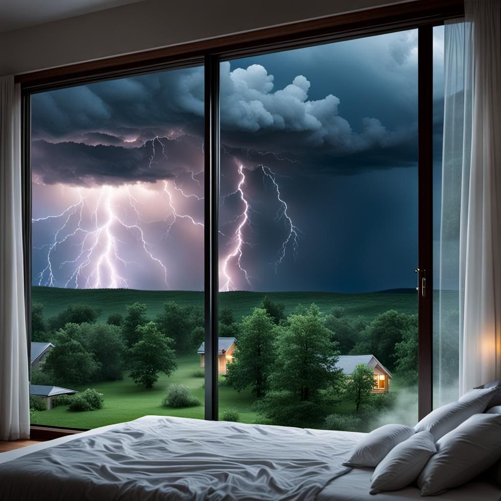 A thunderstorm happening outside a bedroom window