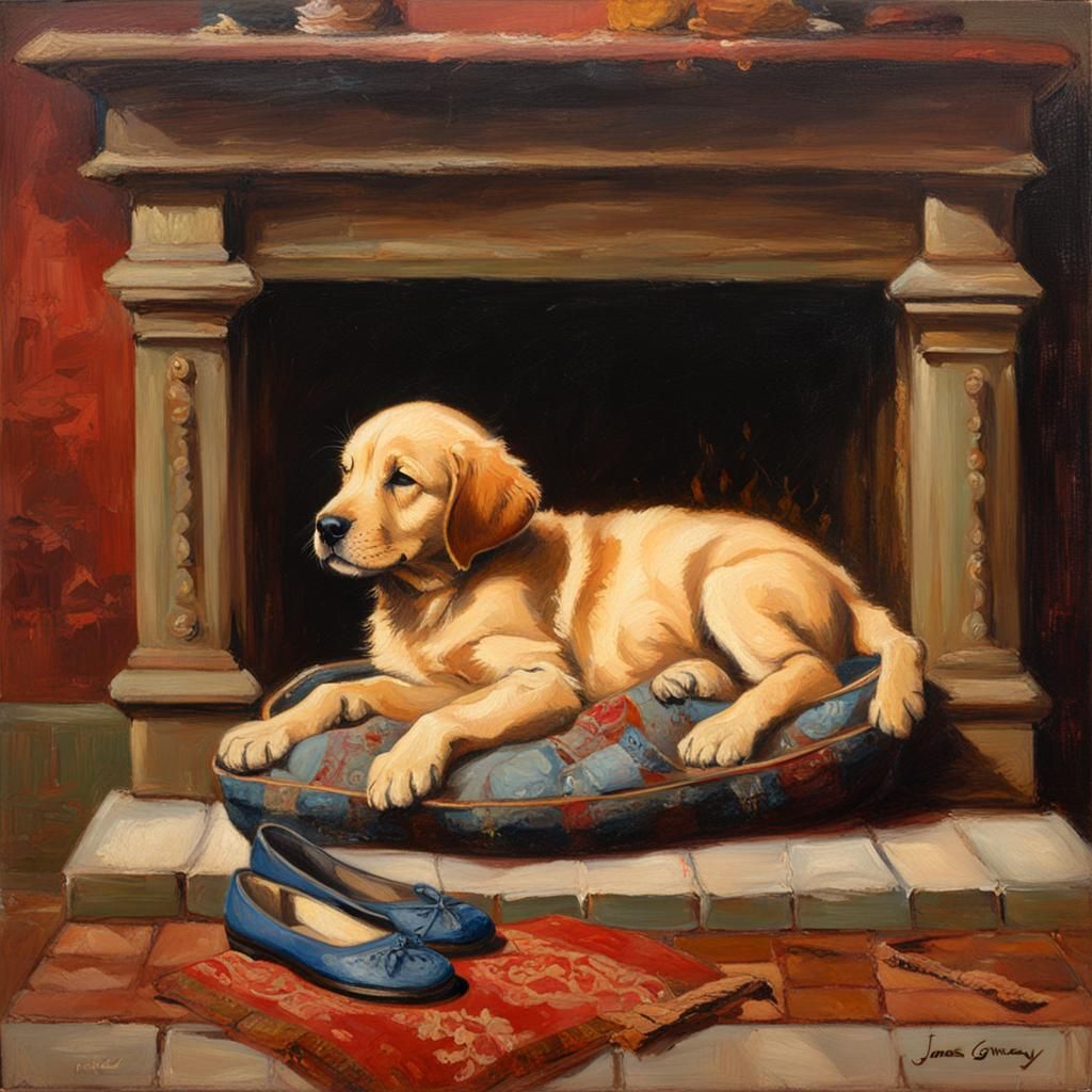 Retriever Puppy Sleeping in Slipper, Oil Painting