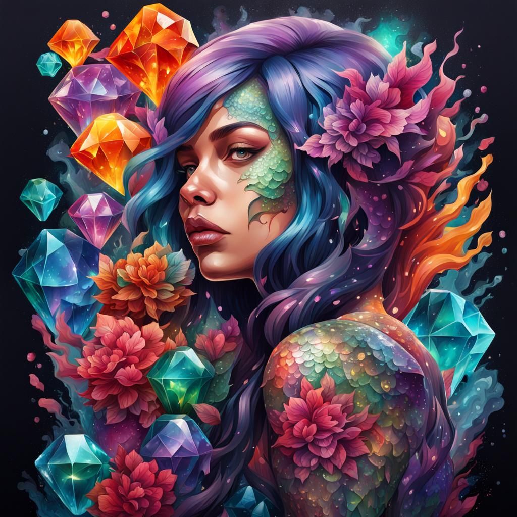 A woman with a large crystal 3D tattoos on her body with sca...