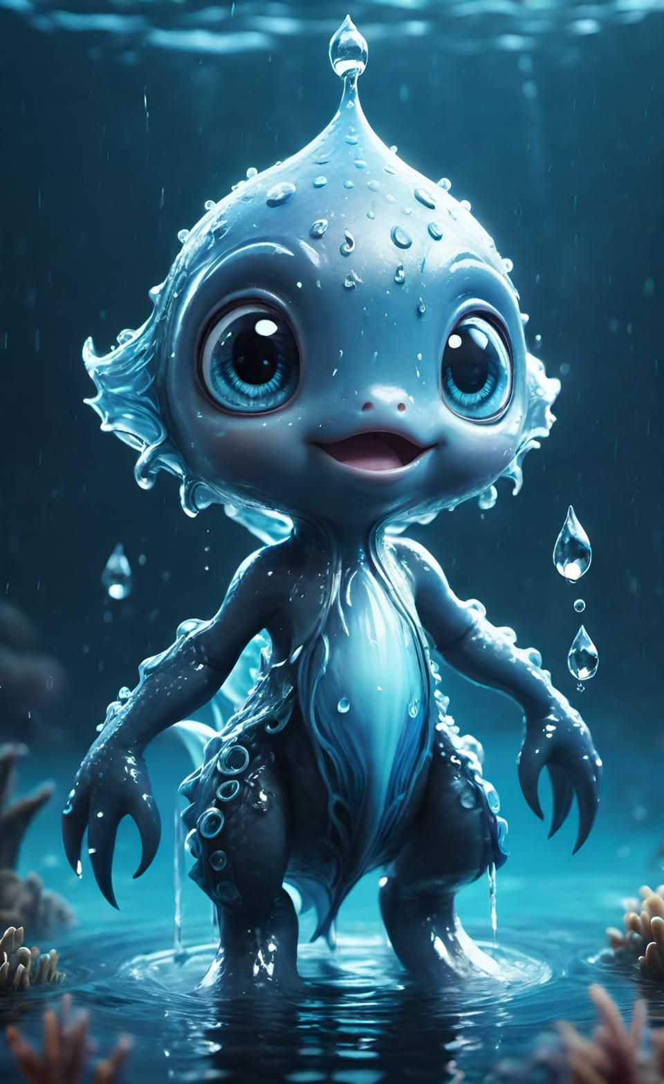 Adorable Little "water creature in the ocean, wet, water dripping