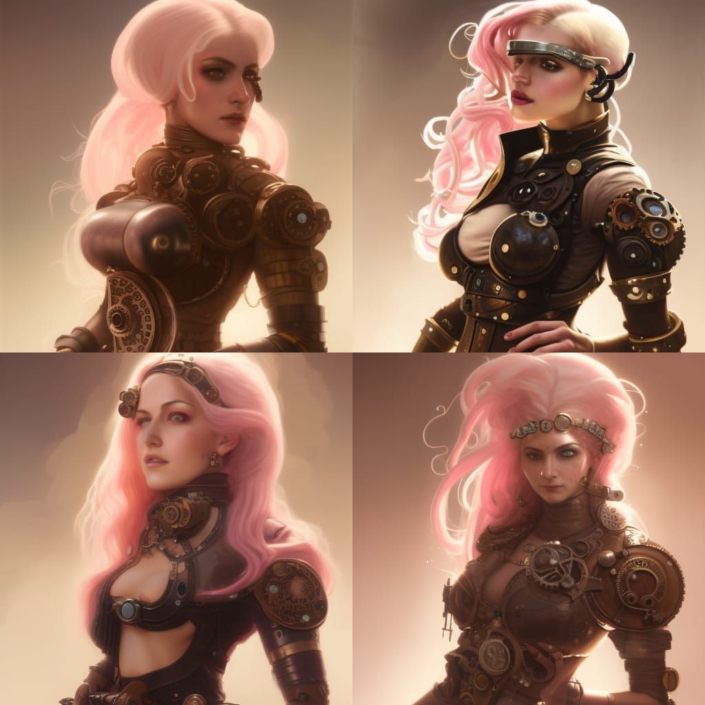 portrait of a middle-eastern steampunk woman, pale-pink hair...
