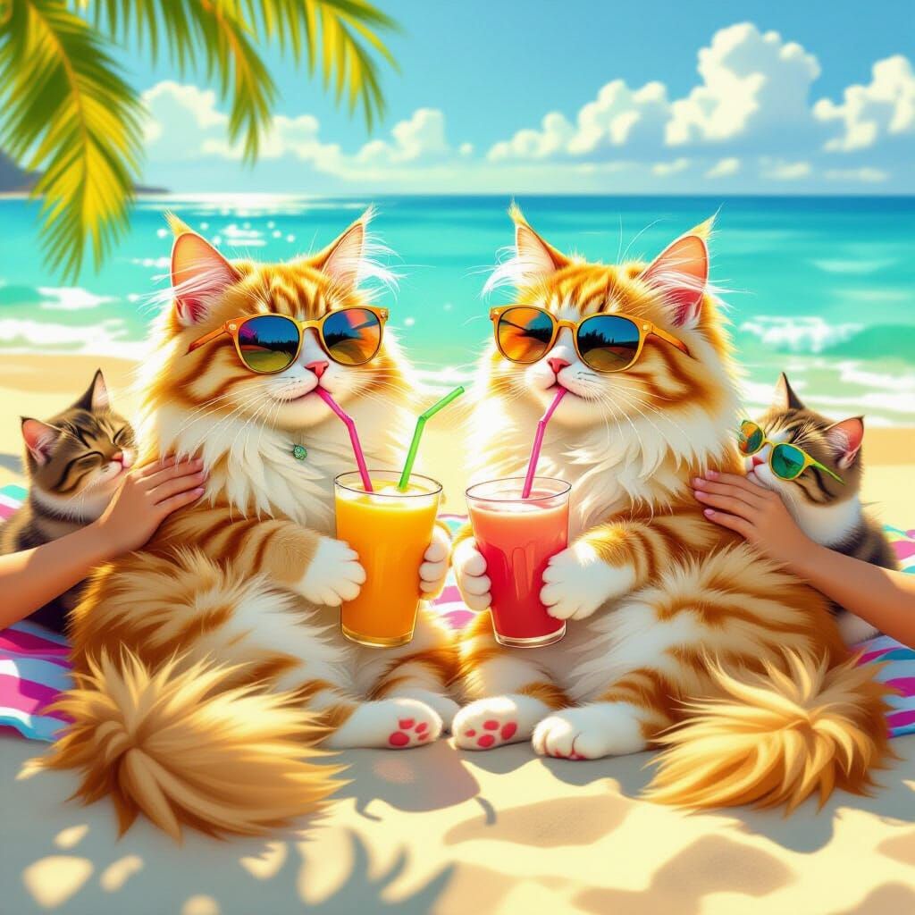 Golden Cats Relaxing on Beach with Smoothies
