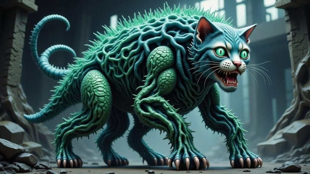 <lora:KittenCarnage 2p0:1.0> a colossal smilodon (green eyes, blue/green/indigo and taupe/olive gradient fur,  glowing teal aura) 
