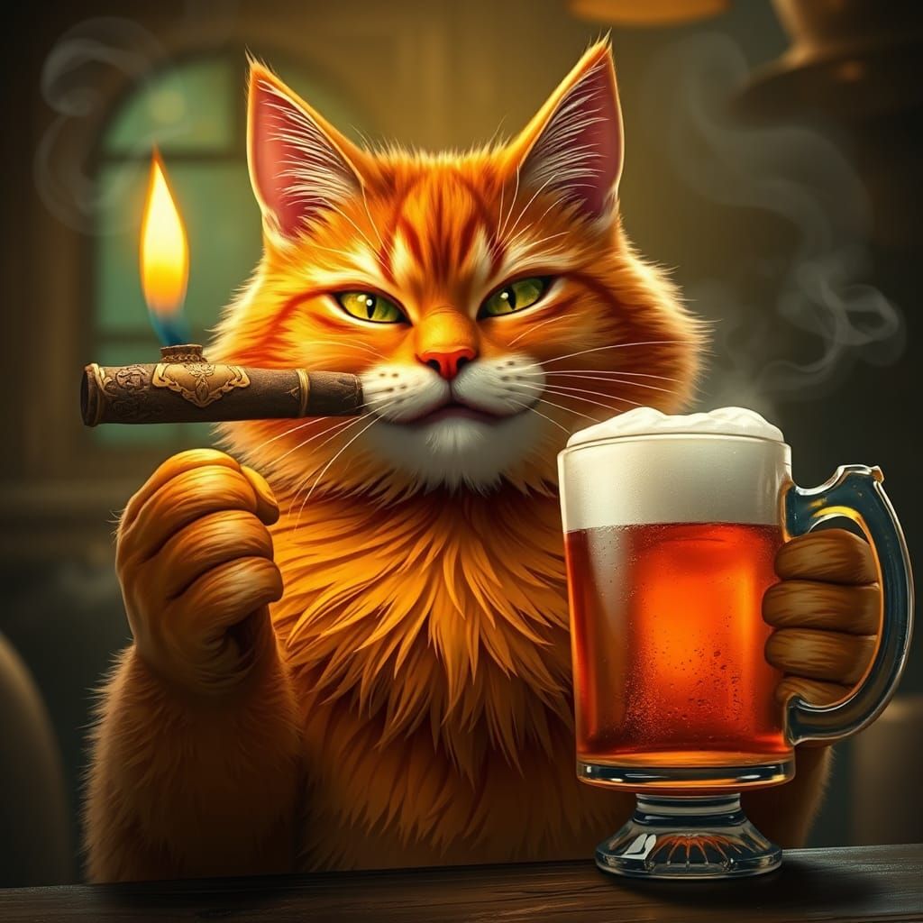 Ginger Cat Smoking Cigar in Opulent Tavern Scene