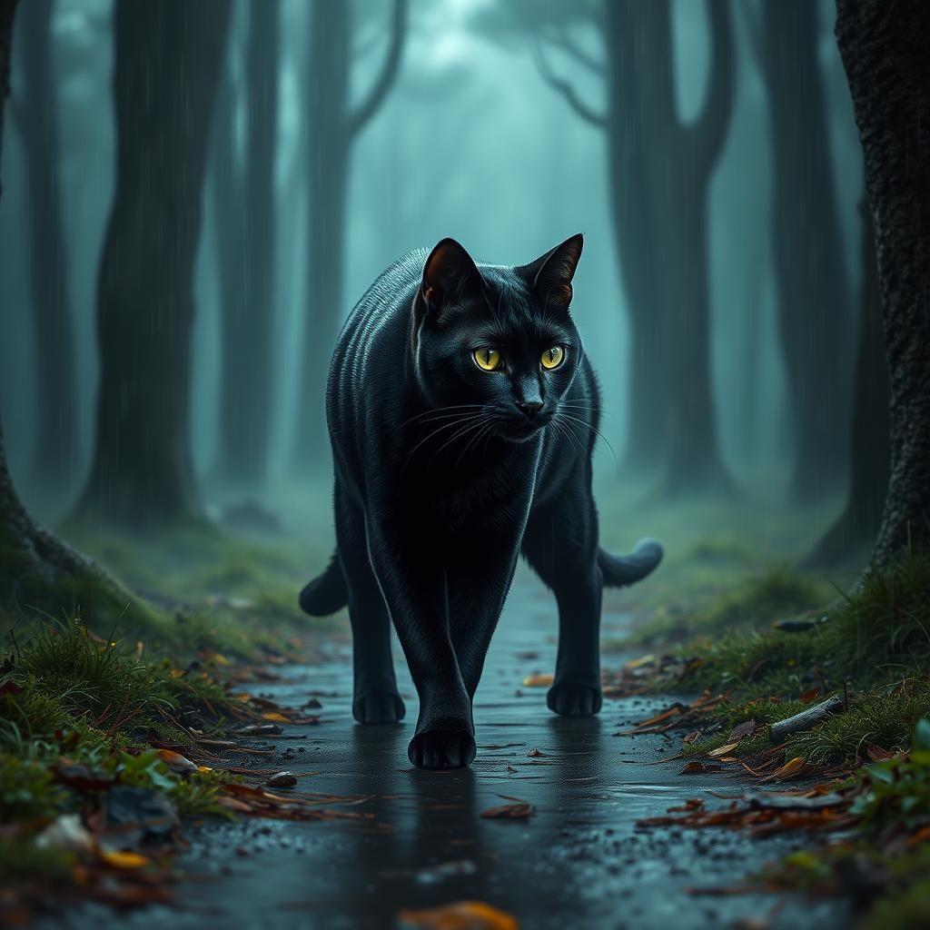 Black Cat in Enchanted Forest: Fantasy Concept Art