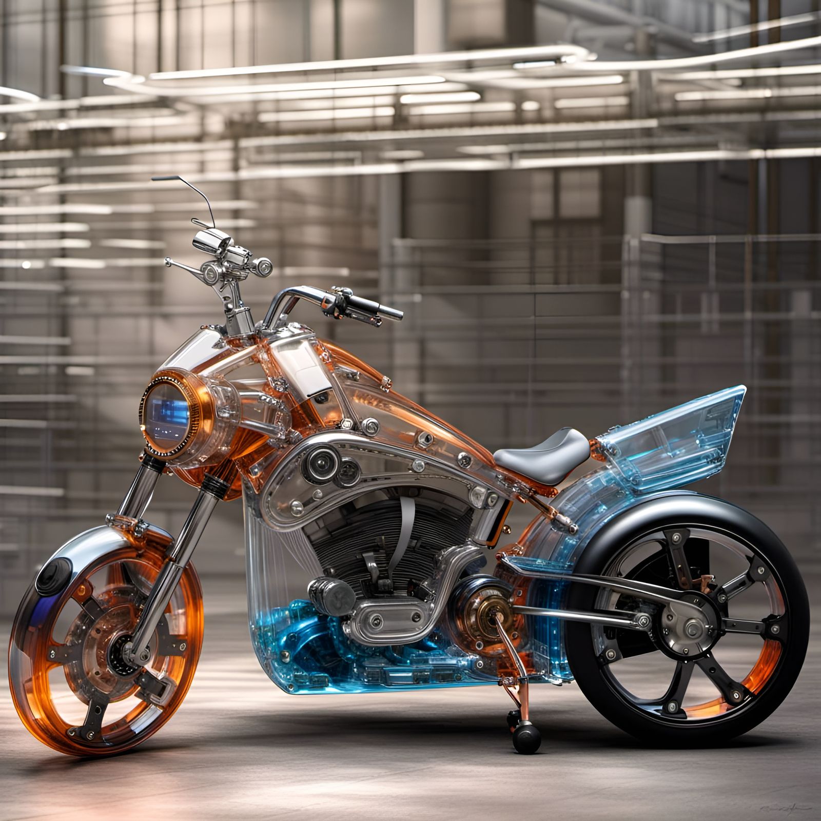 Detailed transparent electric motorbike with solar panels fully