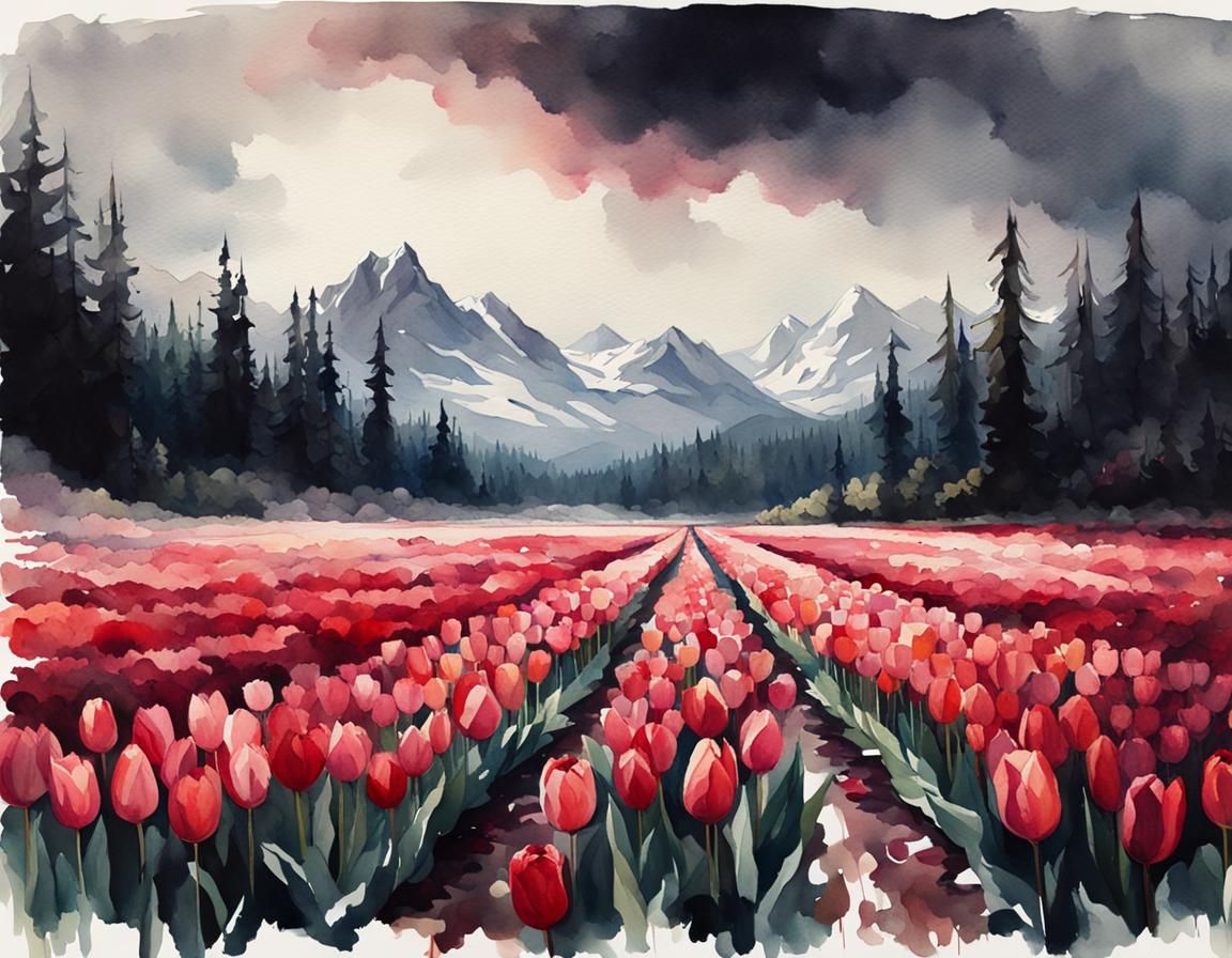 Vibrant Tulip Field Watercolor Painting with Mountains