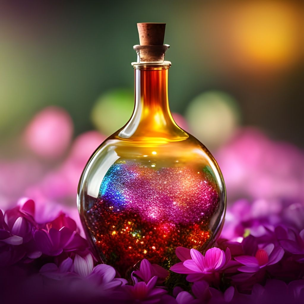 A beautiful blown glass bottle with glimmering colorful sparkles ...