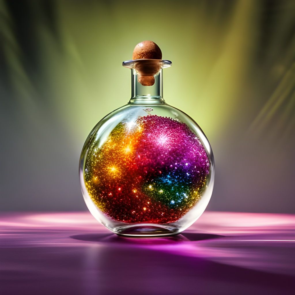 A beautiful blown glass bottle with glimmering colorful sparkles ...