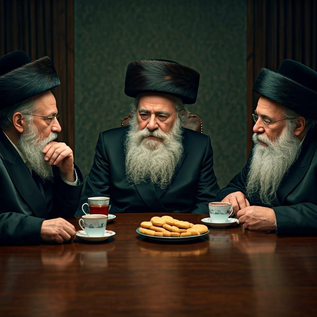 שטריימל על הראש של הרב הגאון , יושב עם הזקן הרב הליטאים, ועם...