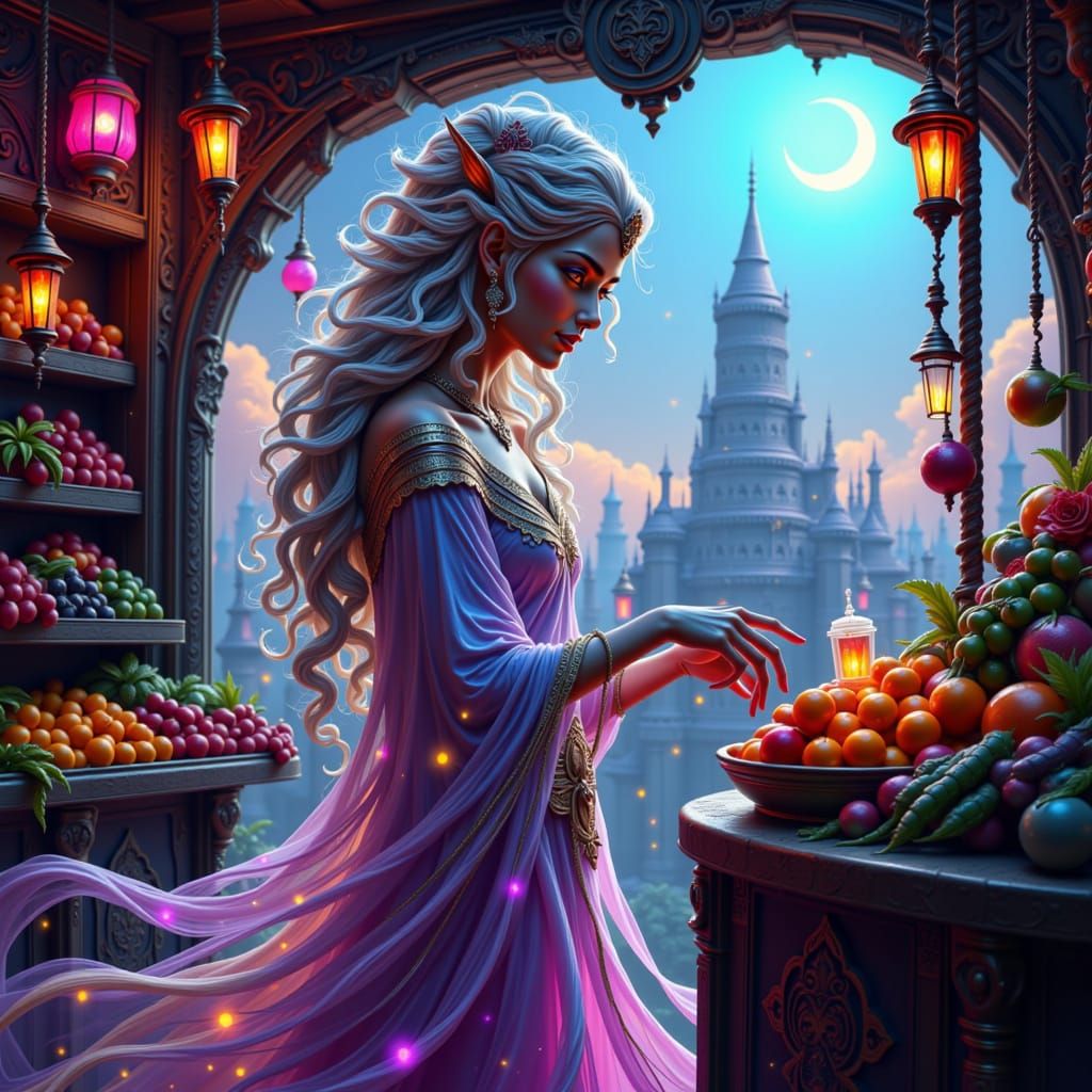 Matte painting. An intergalactic shopper, a graceful, ethereal being with flowing robes, samples glowing, alien produce at a vibrant market ...