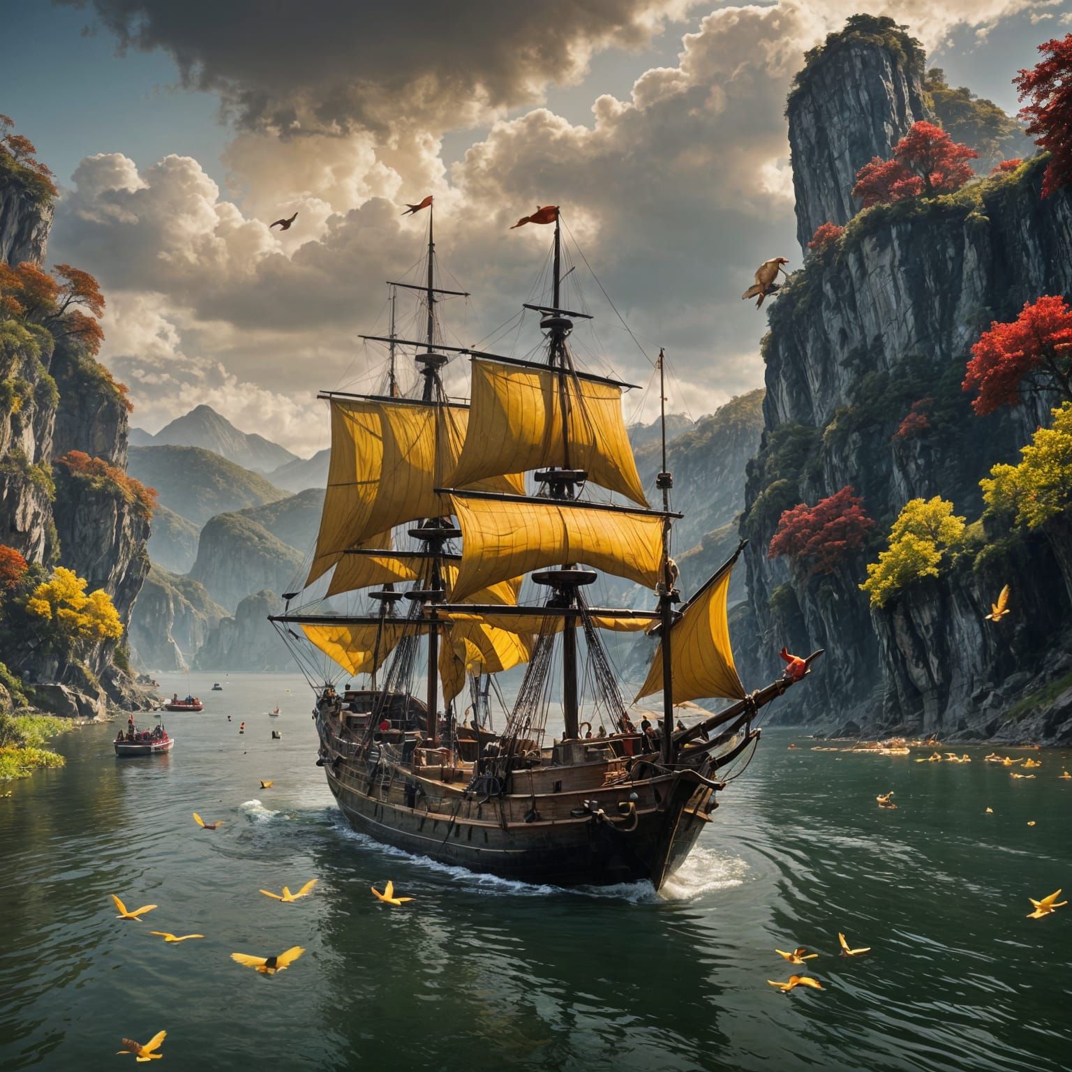 Galleon welcomed by golden birds