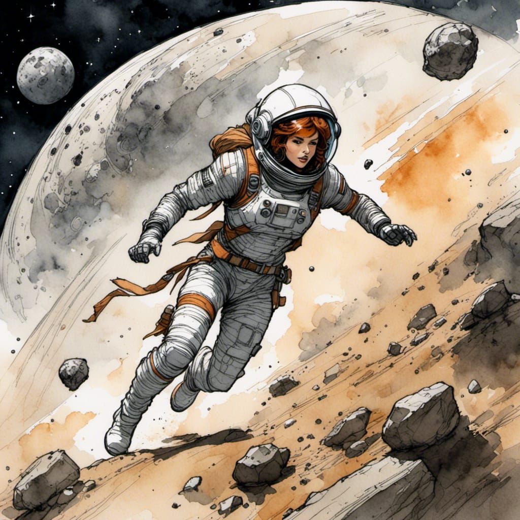 <lora:Caffeine Fuelled:1.0> Spacewoman, running towards viewer, spacesuit and helmet, concept art, D&D, Dungeons & Dragons, sketch, drawing...