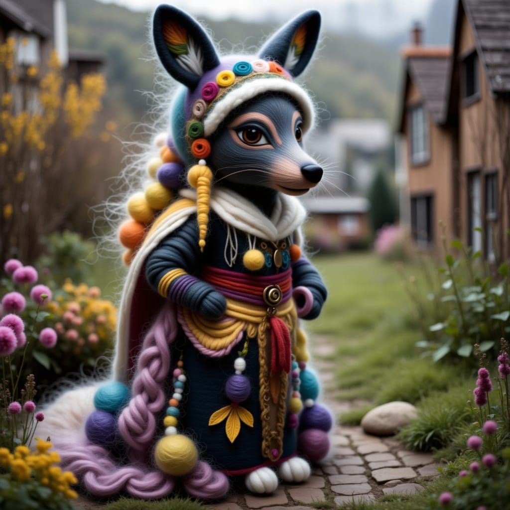 3D felted wool wolf in Ethnic Costume <lora:Sundry Media:1.0> <lora:Felted Wool Flux:1.0>