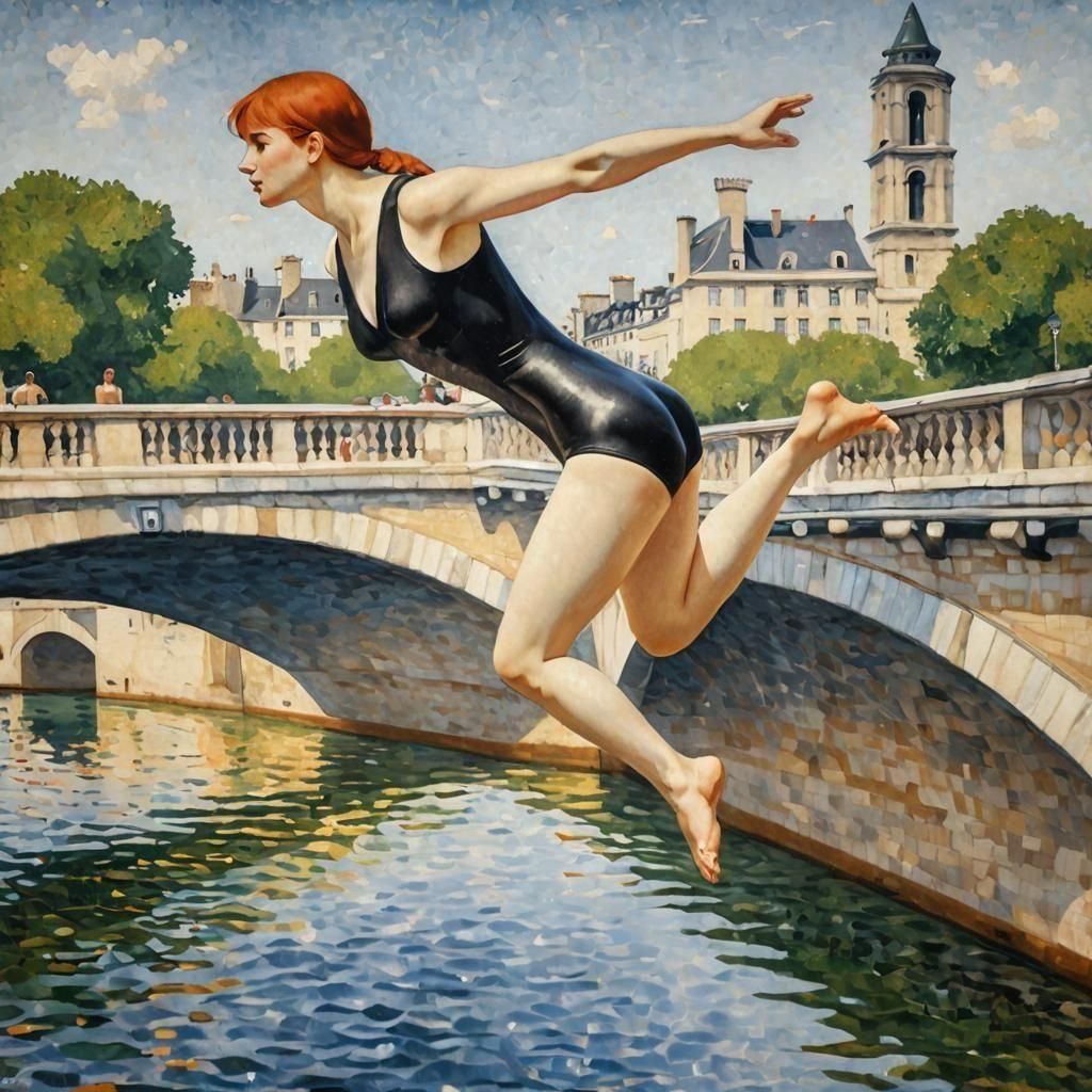 GEORGES SEURAT, Varnish, athlete diving BALLETIC AIRBORNE, SWIMSUIT, Pont Neuf, Berthe Morisot, (Trompe-l'œil:0.1) ...  by @MarkMachine