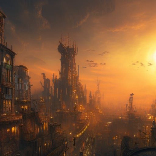 steampunk city during sunset