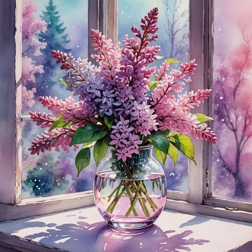Pink lilac in a glass vase on the windowsill in watercolor s...
