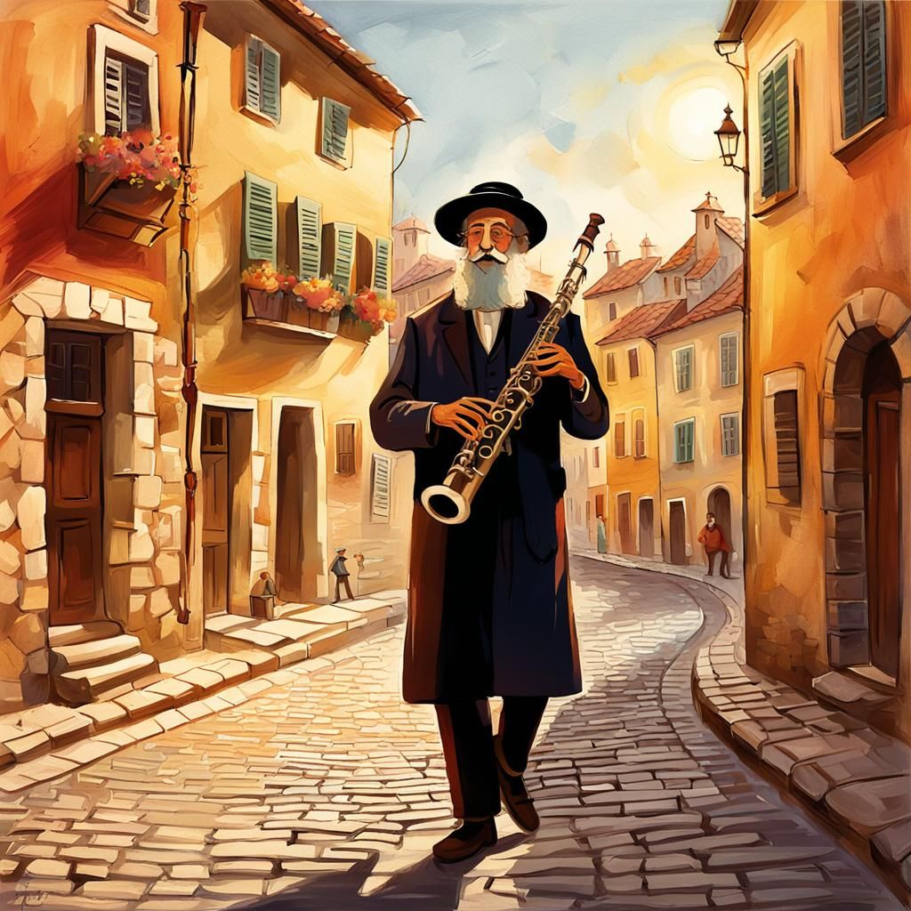 Joyful Hasidic Jew Dancing in Ancient Town: Folk Illustratio...