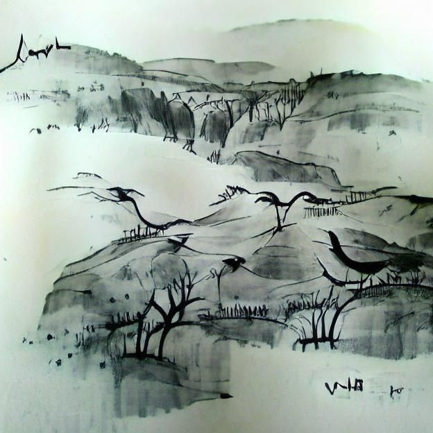 Ink sketch of a quiet valley; birds resting 
