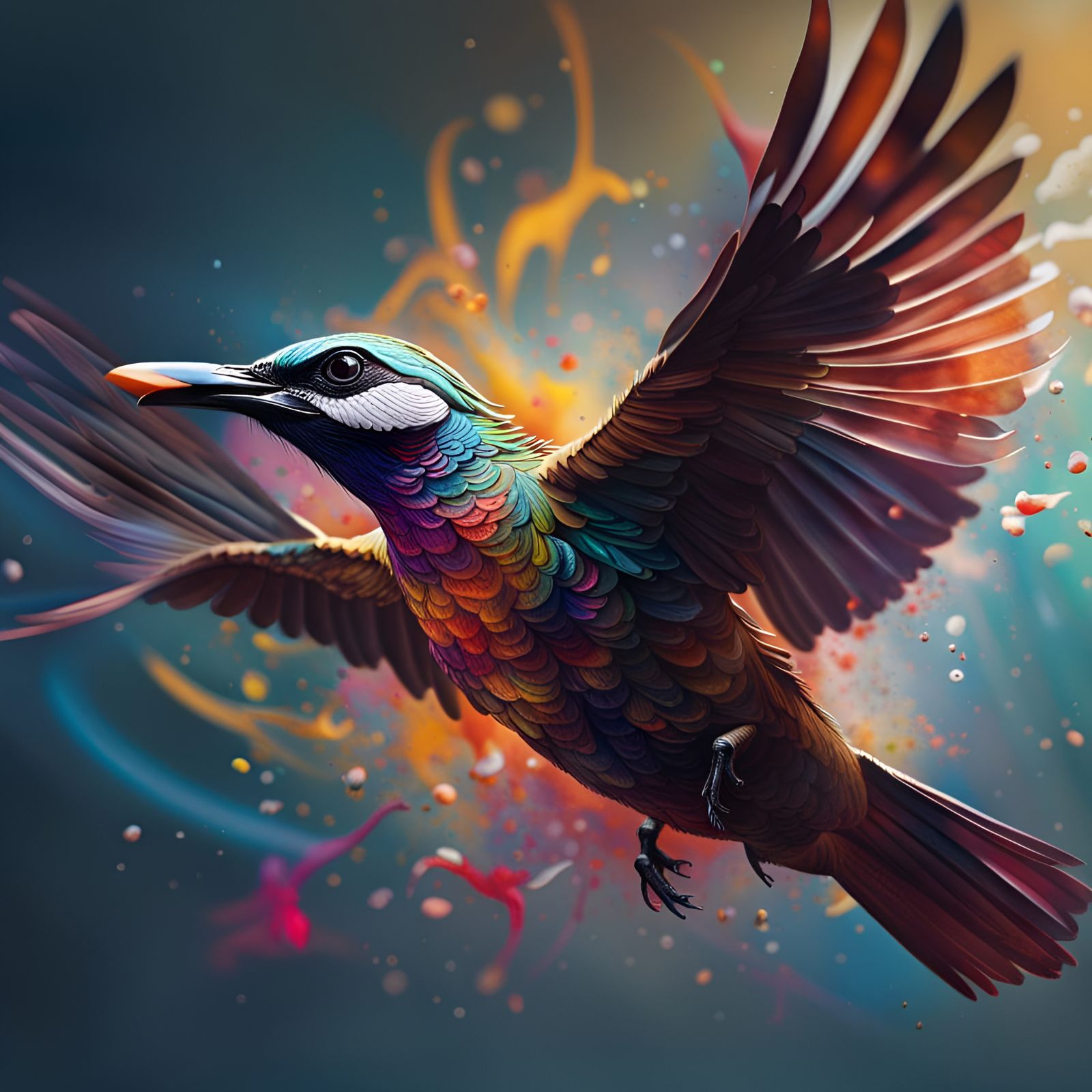 A bird in midflight, Hyperrealistic, splash art, concept art...