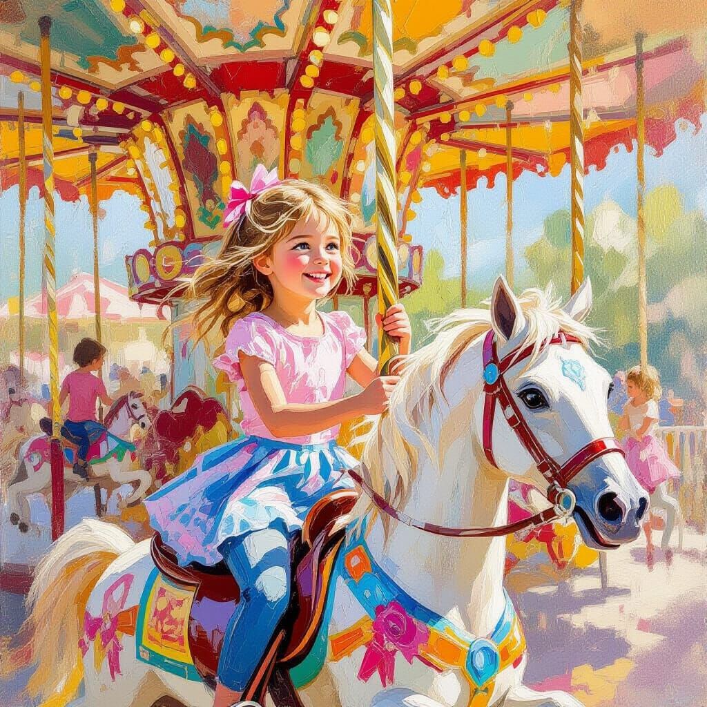 A smiling girl on a carousel horse  by @axelb