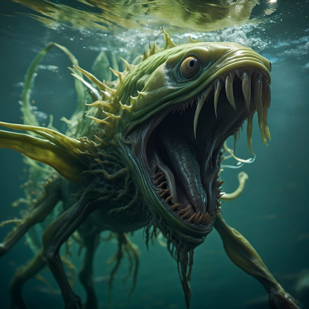 <lora:Creatures:1.0> a fish like creature with a huge open mouth, long pointed teeth, pointed fins, green and yellow translucent skin, 8K, U...