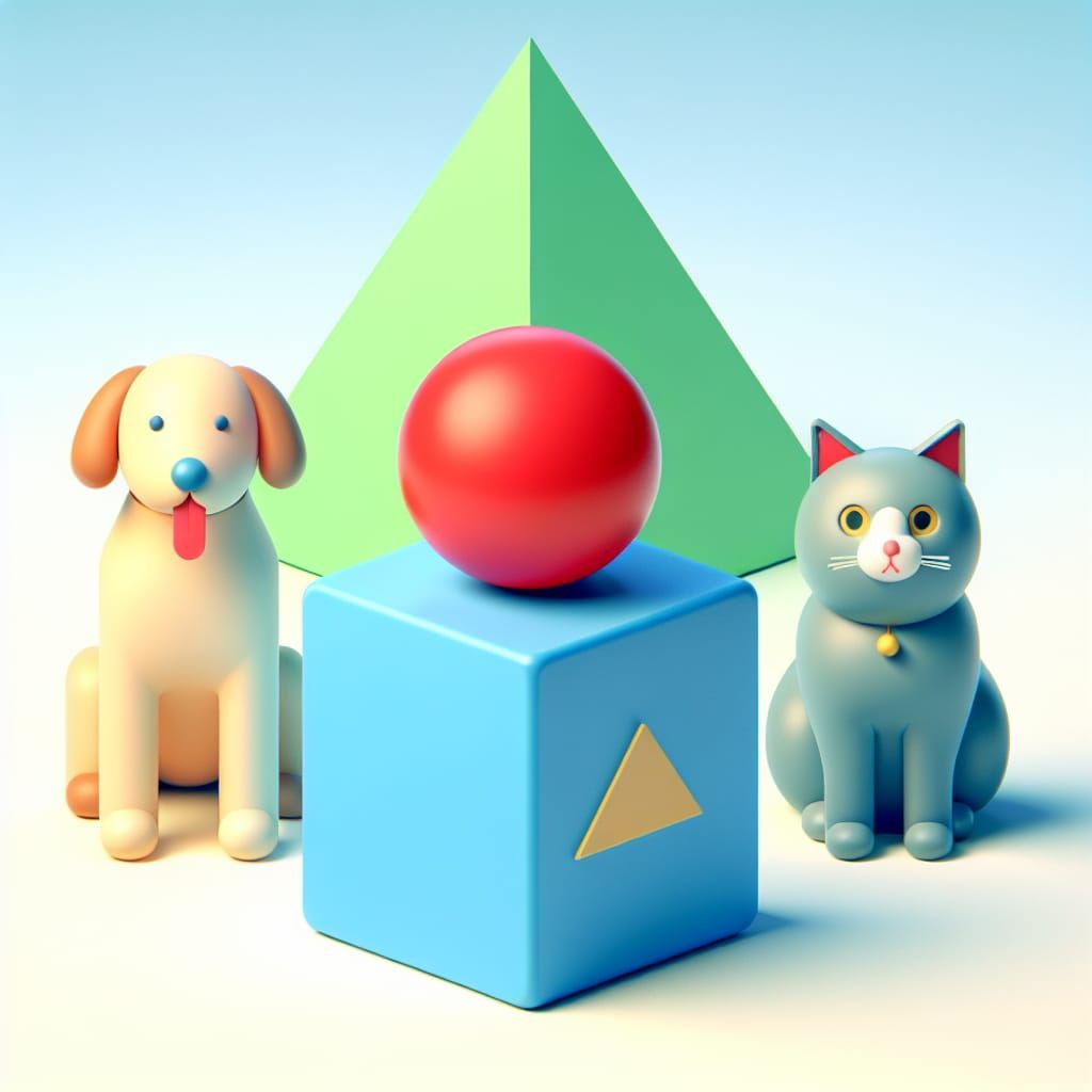 Photo of a red sphere on top of a blue cube.  Behind them is...