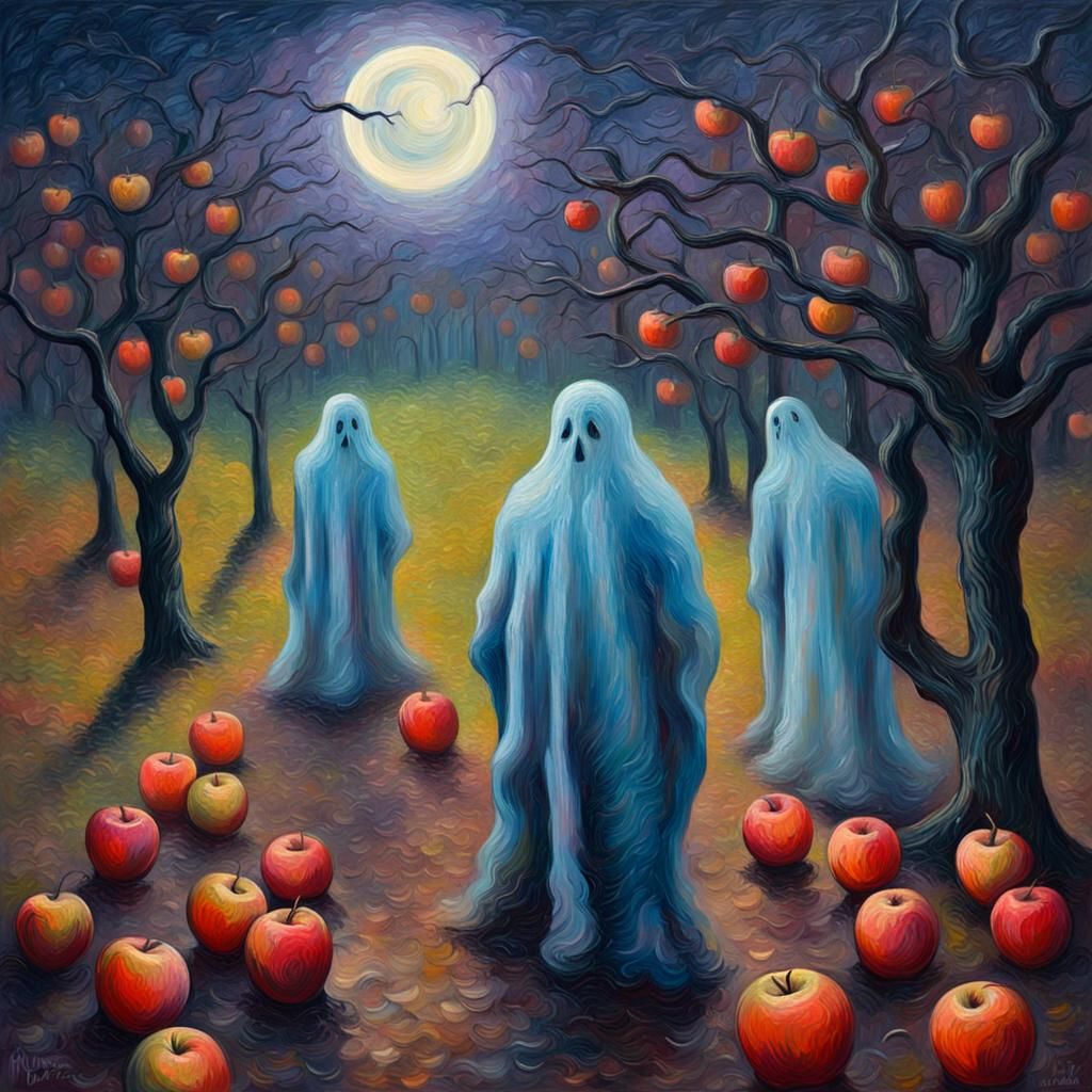 Ghosts in a moonlit apple orchard. Intricate detail. Spooky