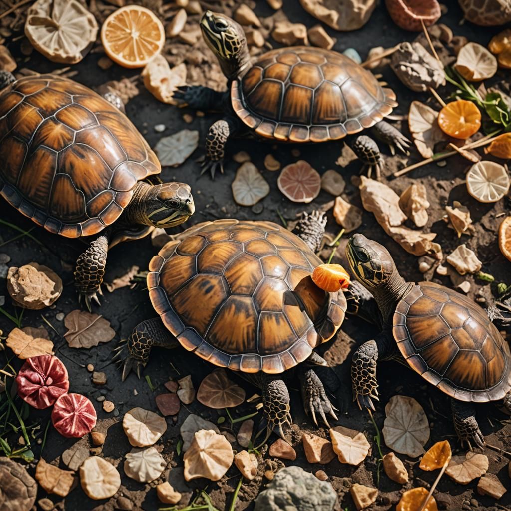 Turtles Enjoying Pizza and Lollipop: Macro Photography