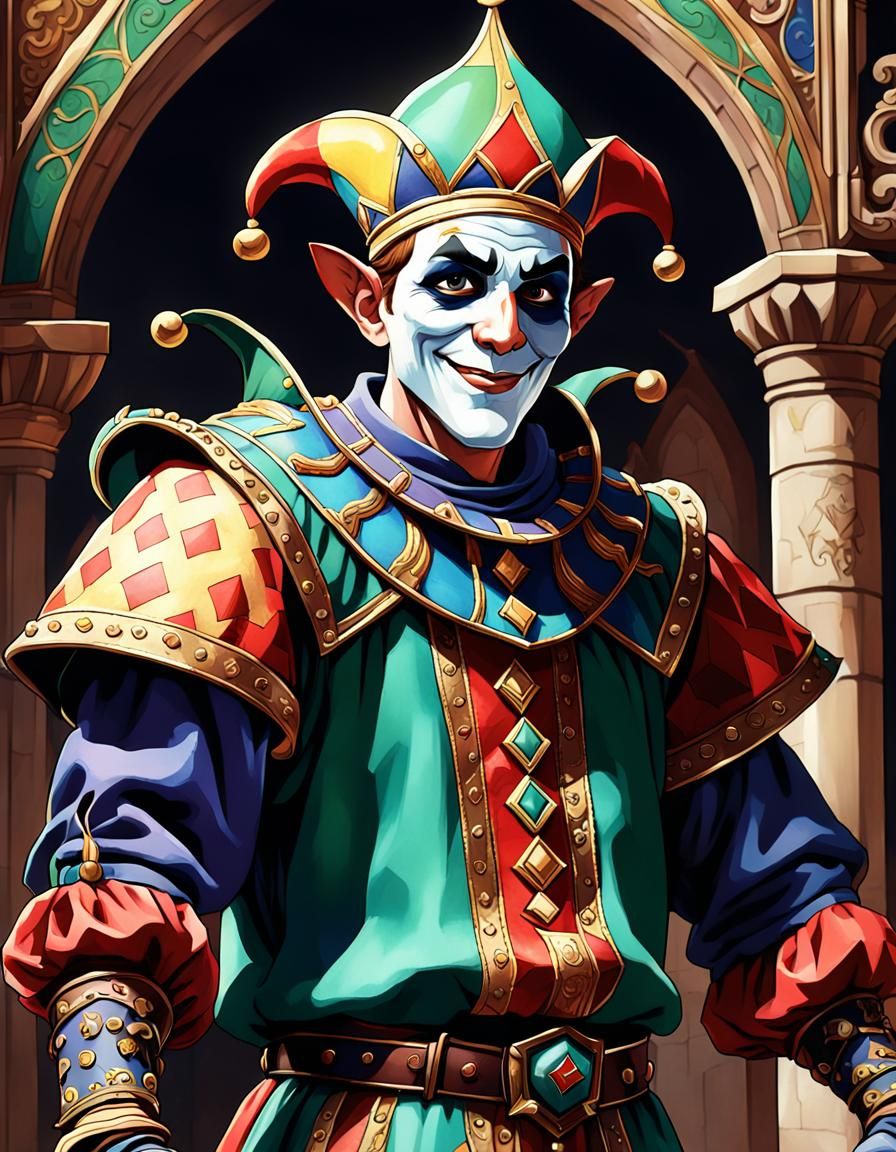 court jester,  playstation grafics, intricate details,clean ...