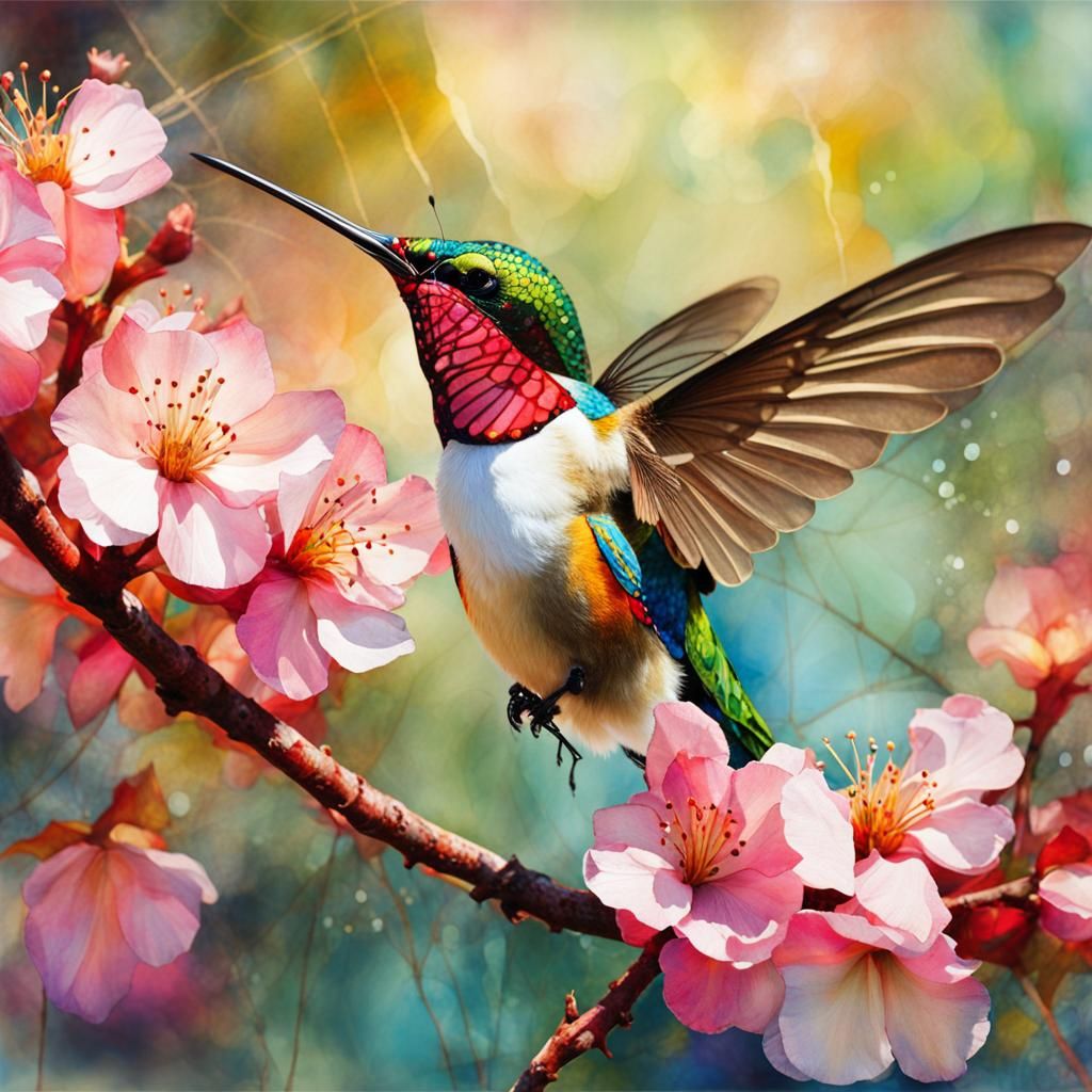 Hummingbird with spring blossoms  by @Andy