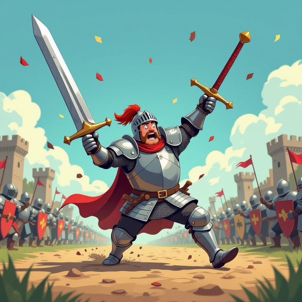 A majestic knight, mid-charge, comically trips over an impossibly large, cartoonishly drawn sword that has fallen from the sky. His armor is...