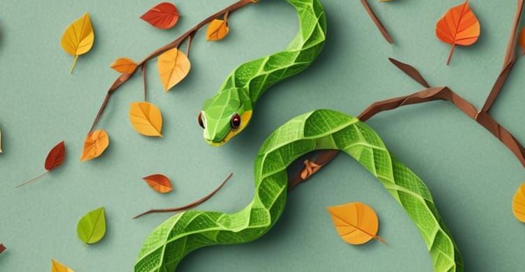 Cute Green Snake Origami on Autumn Branch