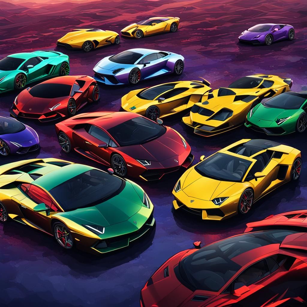 A line-up of shiny metallic cars and left to right there is ...