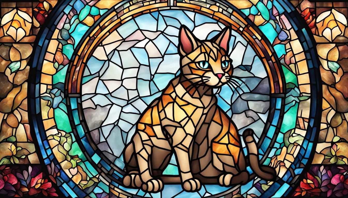 Create a stained glass fan art of an epic cat