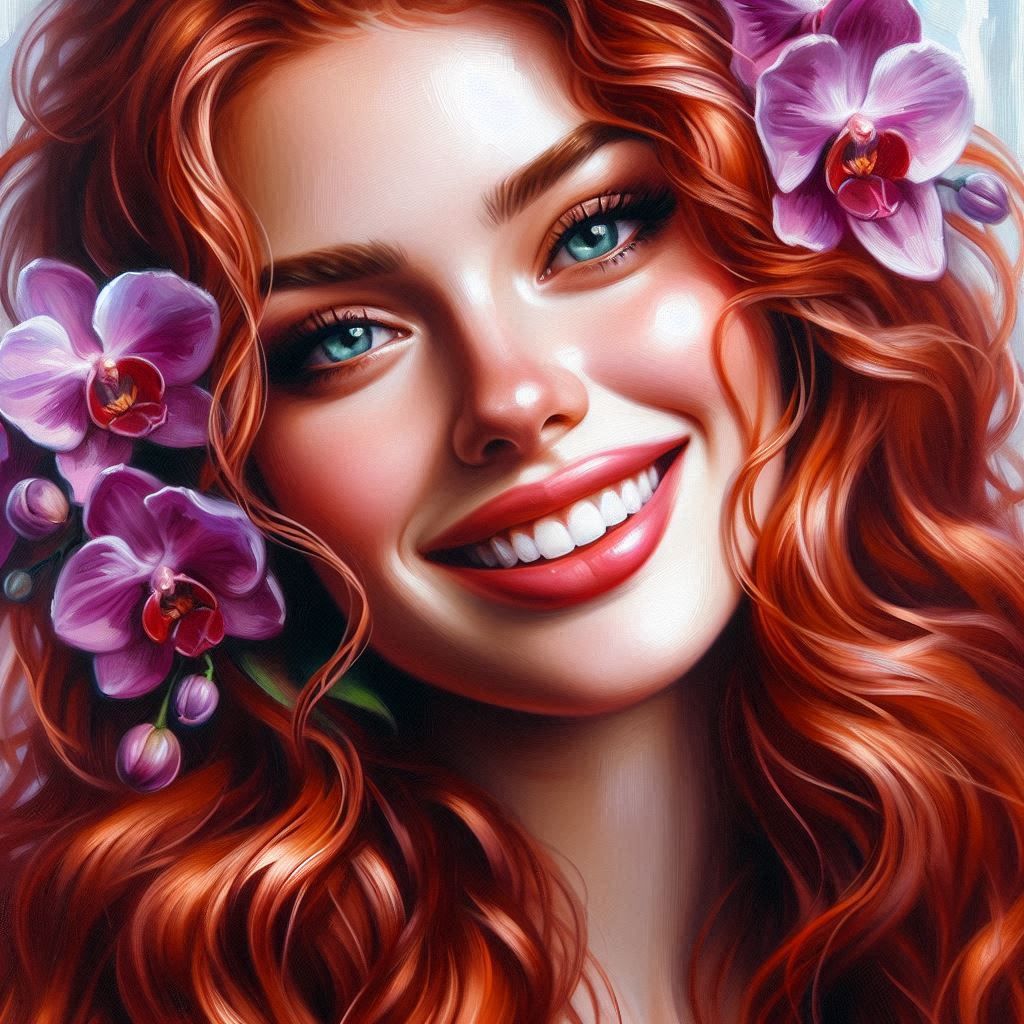 Oil Paint Women with Orchids in her Hair