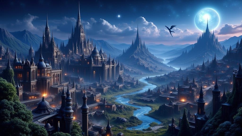 Mystical Elven Village Under Moonlight, Dragon Soars