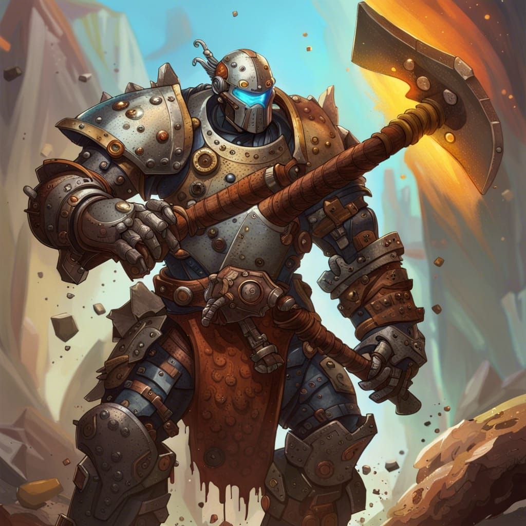 robot, warforged, Barbarian, with 2 handed axe, D&D, steampu...