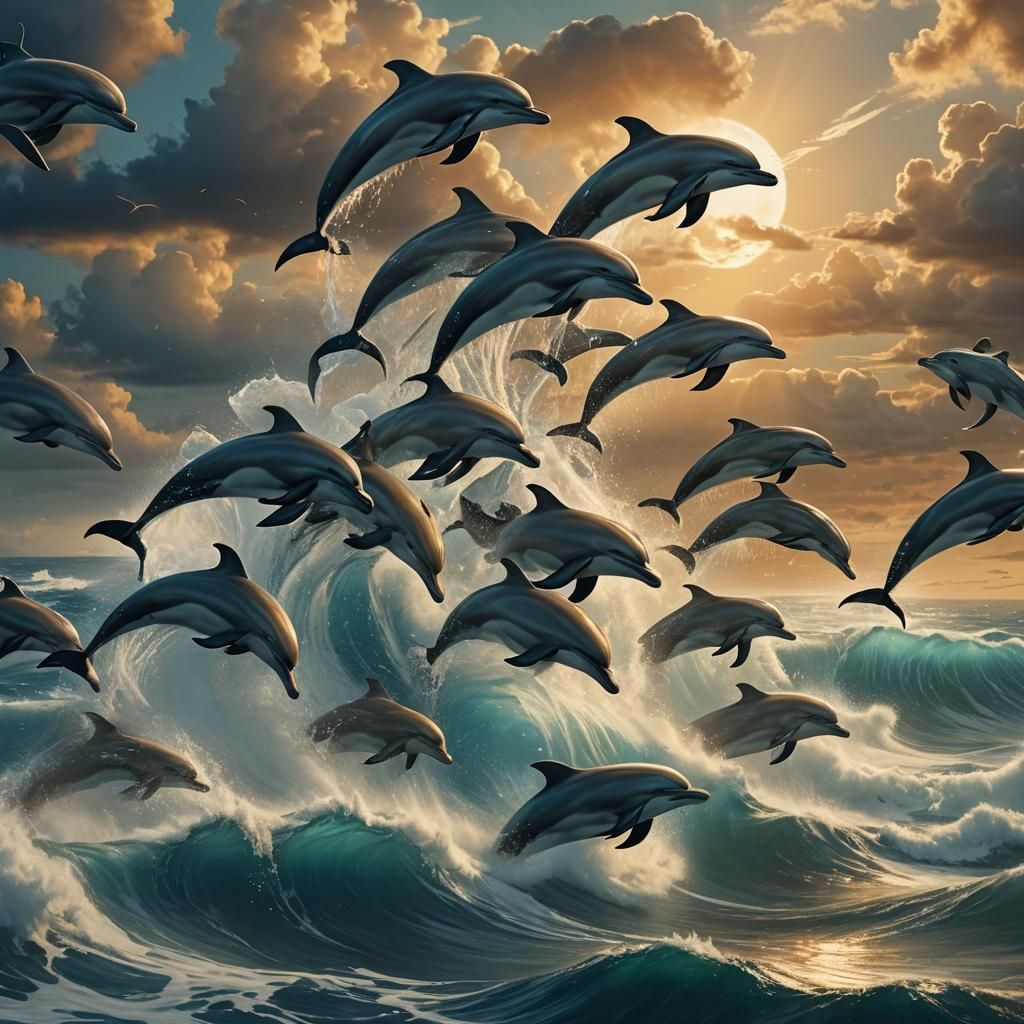 Dolphins Leaping Over a Turbulent Sea