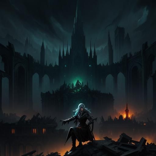 A evil ancient elven beeing sitting on top of the ruins of l...